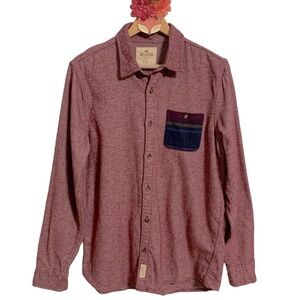 Hollister shirt button down red twill striped contrast pocket long sleeve large